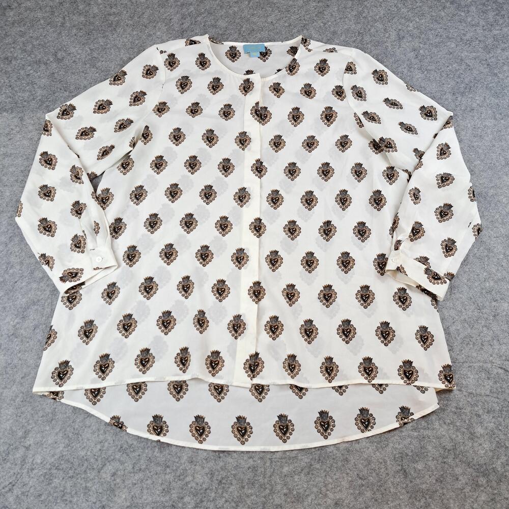 CeCe Blouse Womens Large Ivory Hearts Long Sleeve Boho Button Career Top